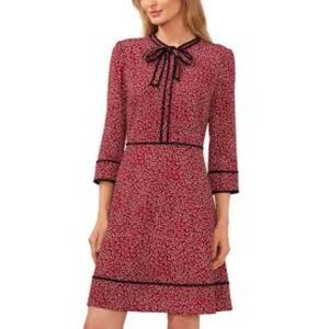 CECE Piping Detail Bow Neck Midi Dress Red Floral Size 2X